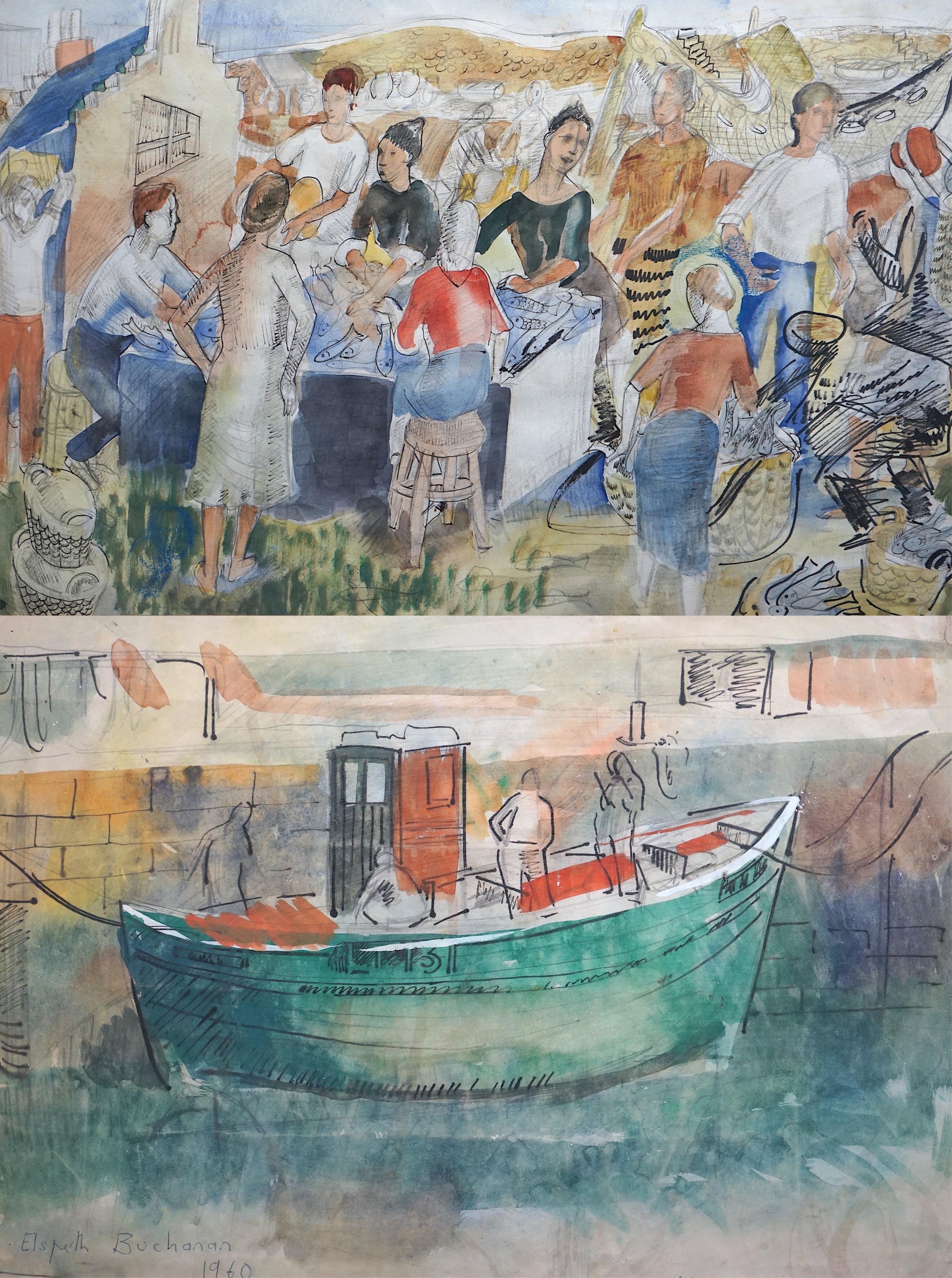 Elspeth Buchanan (Scottish, 1915-2011), Fishing boat in harbour and Fish market, ink and watercolour, 35 x 50cm and 34 x 53cm